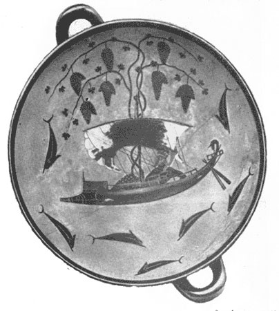 Чаша с изображением легенды о создании Дионисом дельфинов, около 540 г. до н. э. (Государственное собрание древностей, Мюнхен).